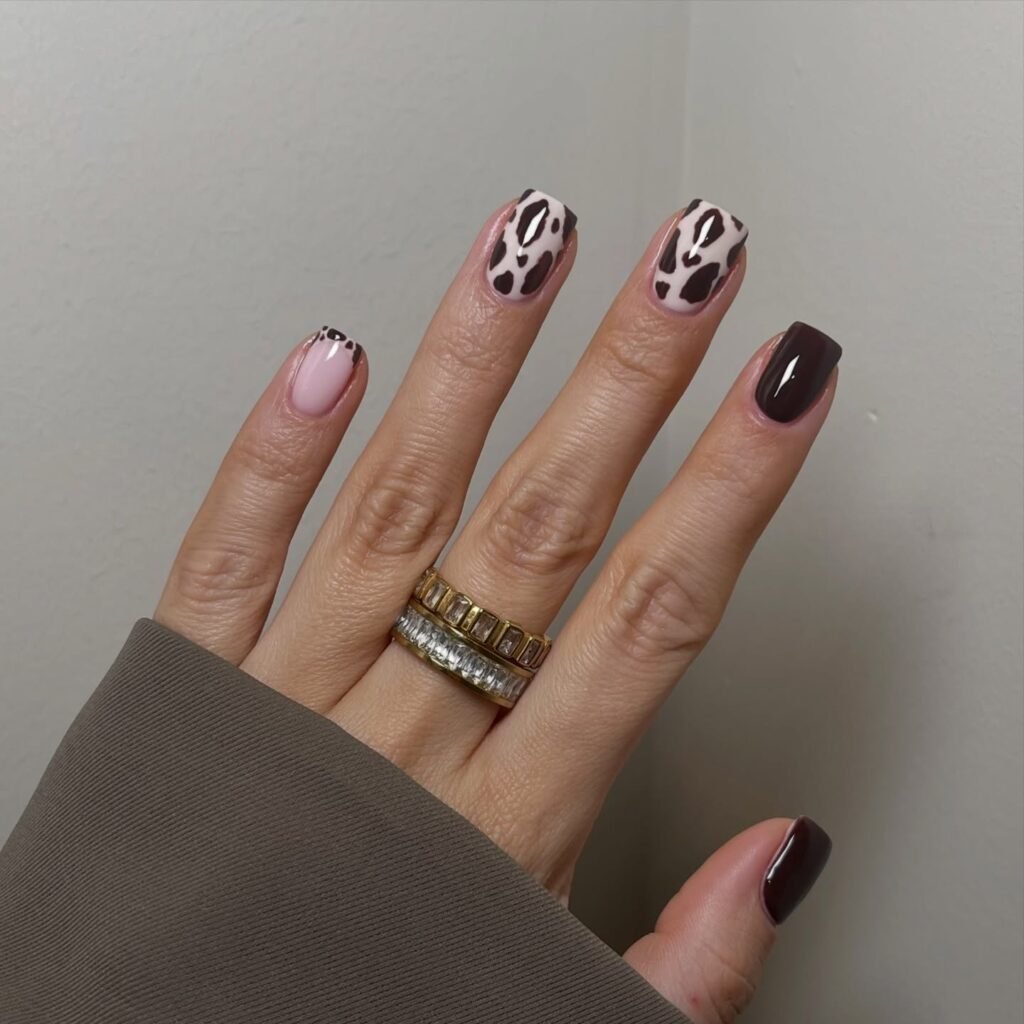 Mixed Brown Cow Print Nails with Minimal Accent Detail