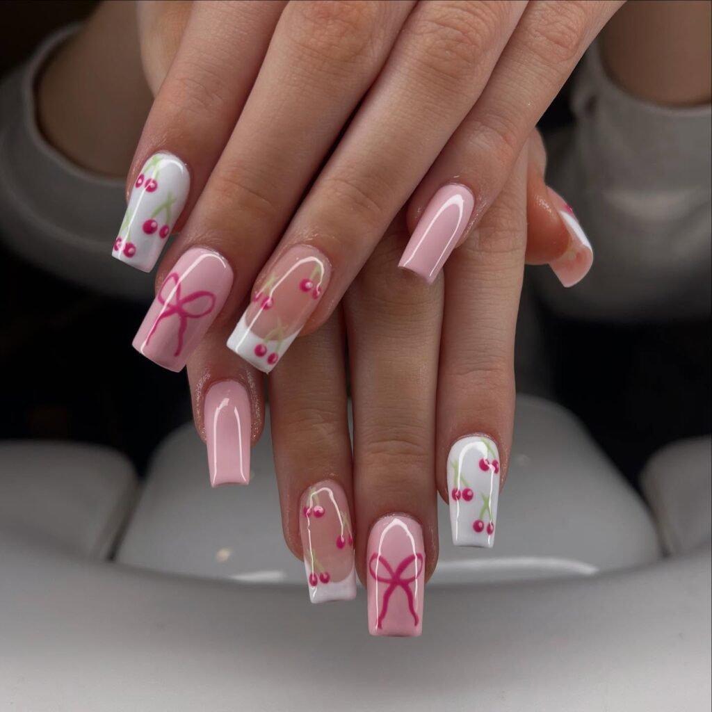  Pink Bow and Cherry Coffin Nails