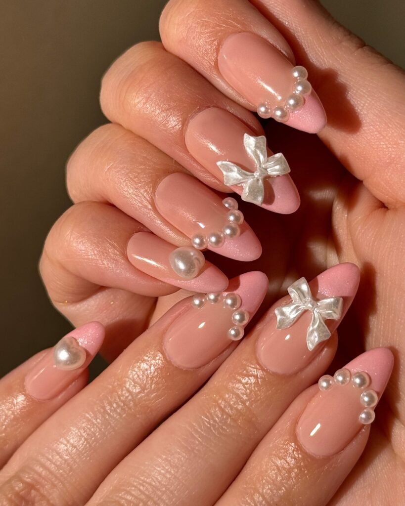  Pink Pearl Coquette Nails with 3D Bows