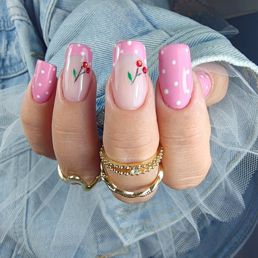 Pink Polka Dot Cherry Coffin Nails