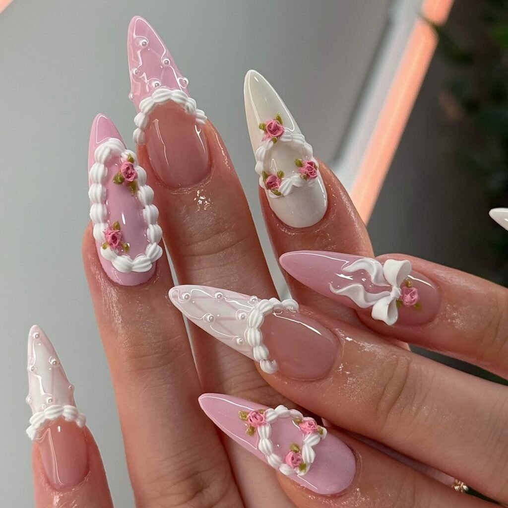  Pink Stiletto Coquette Nails with Roses and Pearls