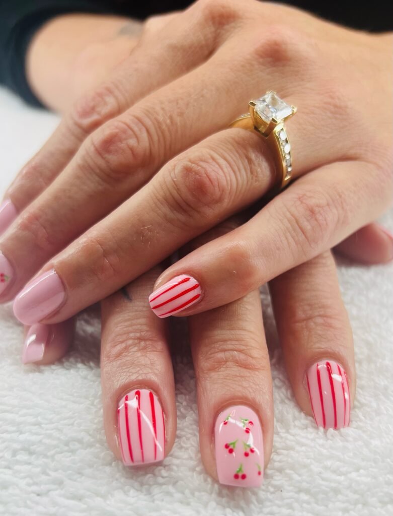 Pink Striped Cherry Square Nails