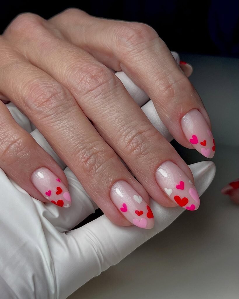 Pink and Red Heart Almond Nails