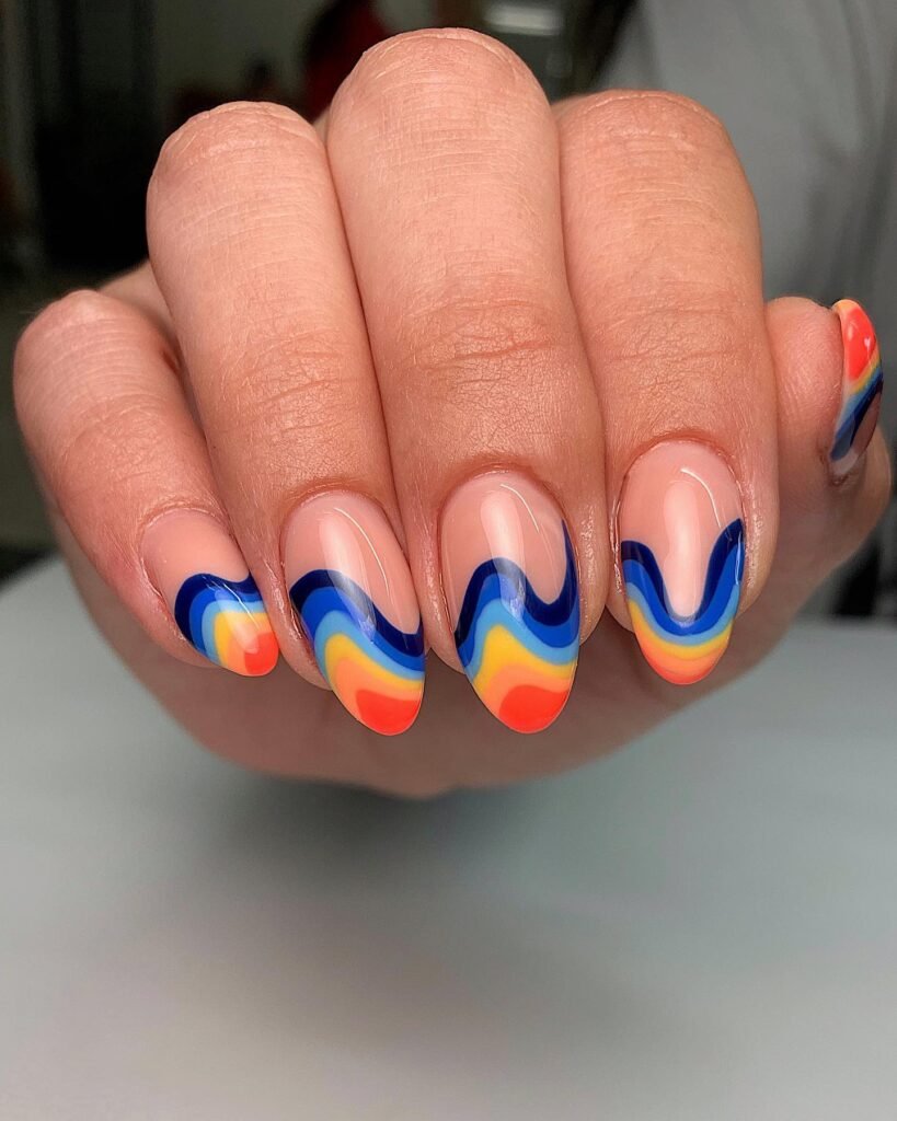 Rainbow Wave French Swirl Nails