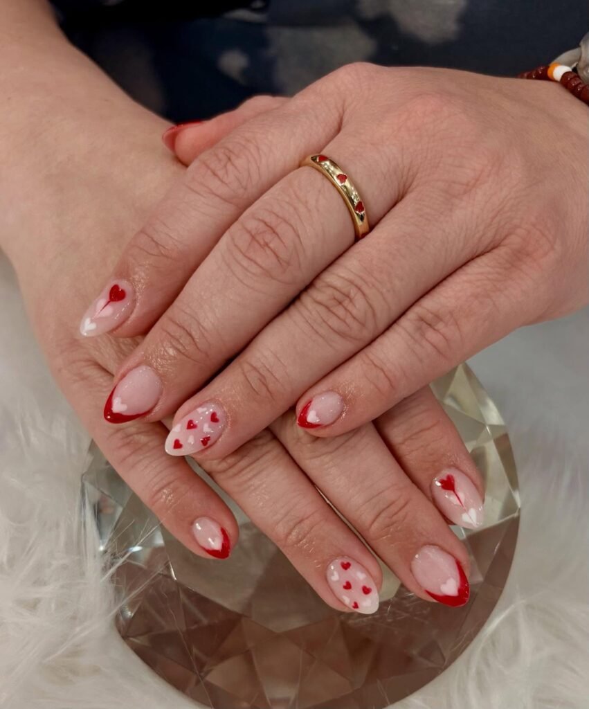 Red French Tip Nails With Tiny Heart Art