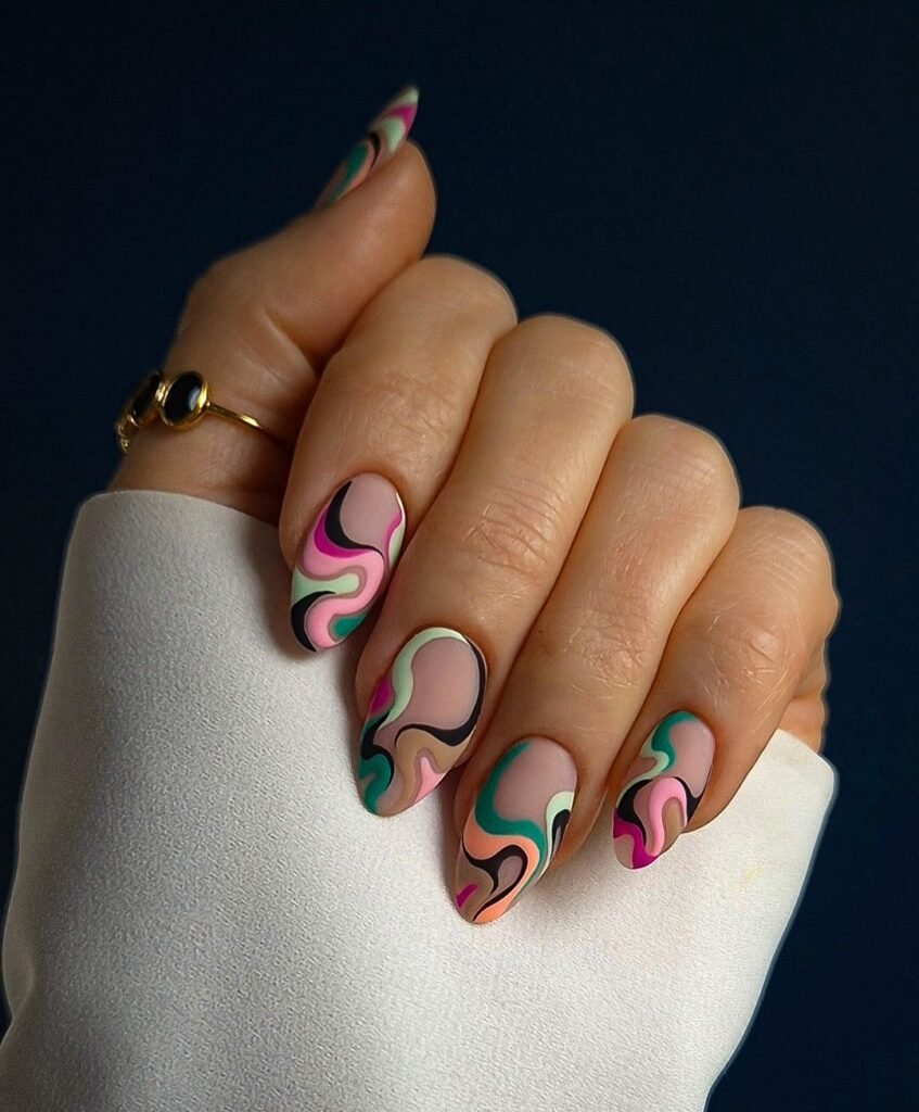 Retro Pink and Green Swirl Nails