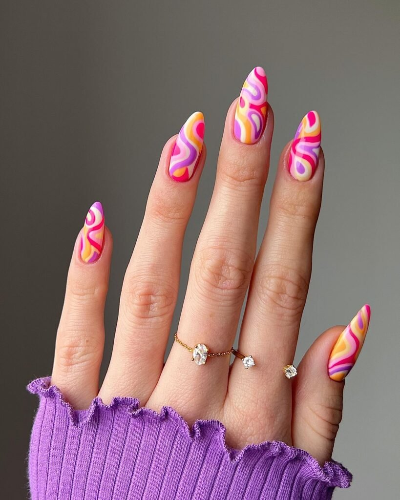 Retro Pink and Orange Swirl Nails