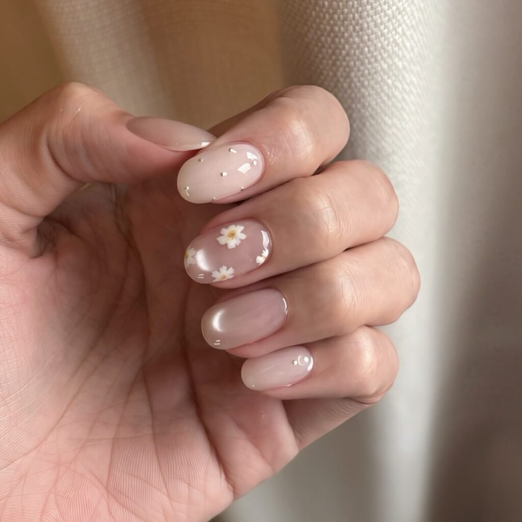 Sheer Floral Nails with Daisy Accent Art