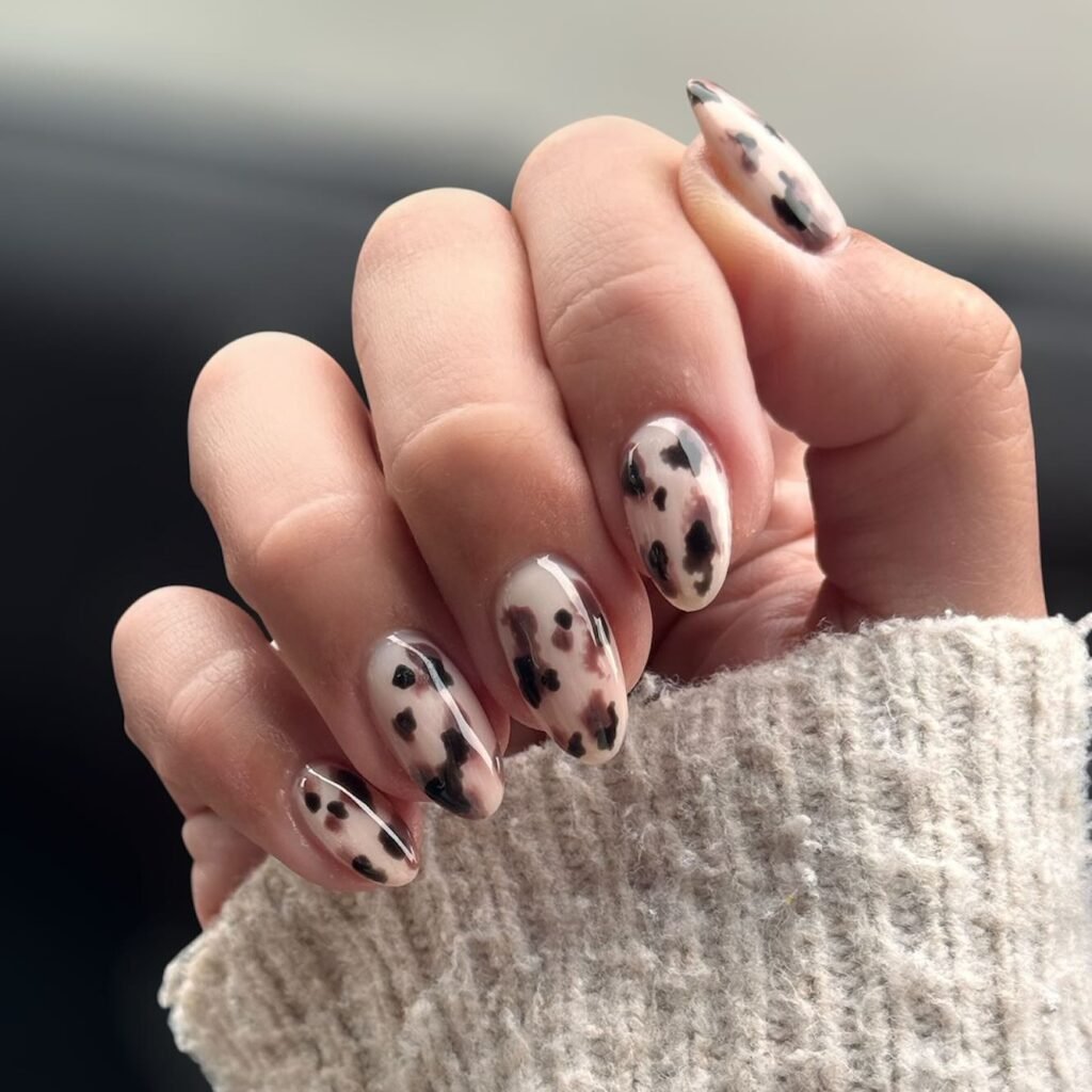 Sheer Nude Cow Print Nails with Soft Brown Spots