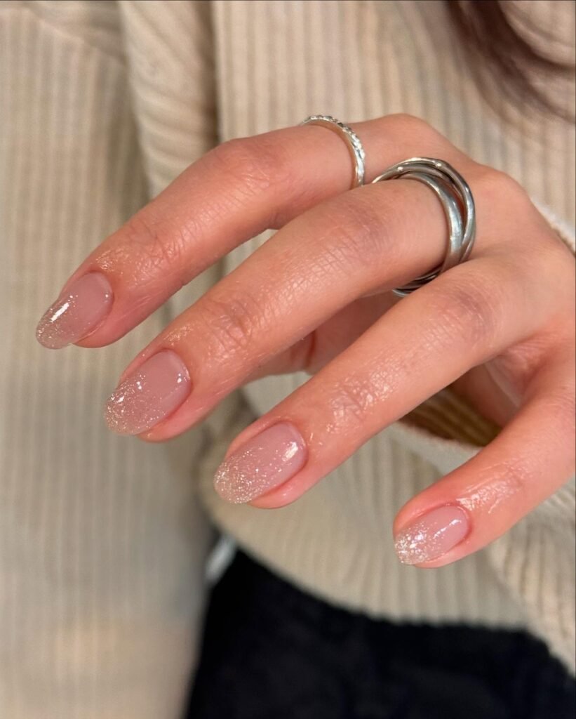 Sheer Nude Glitter Tip Nails