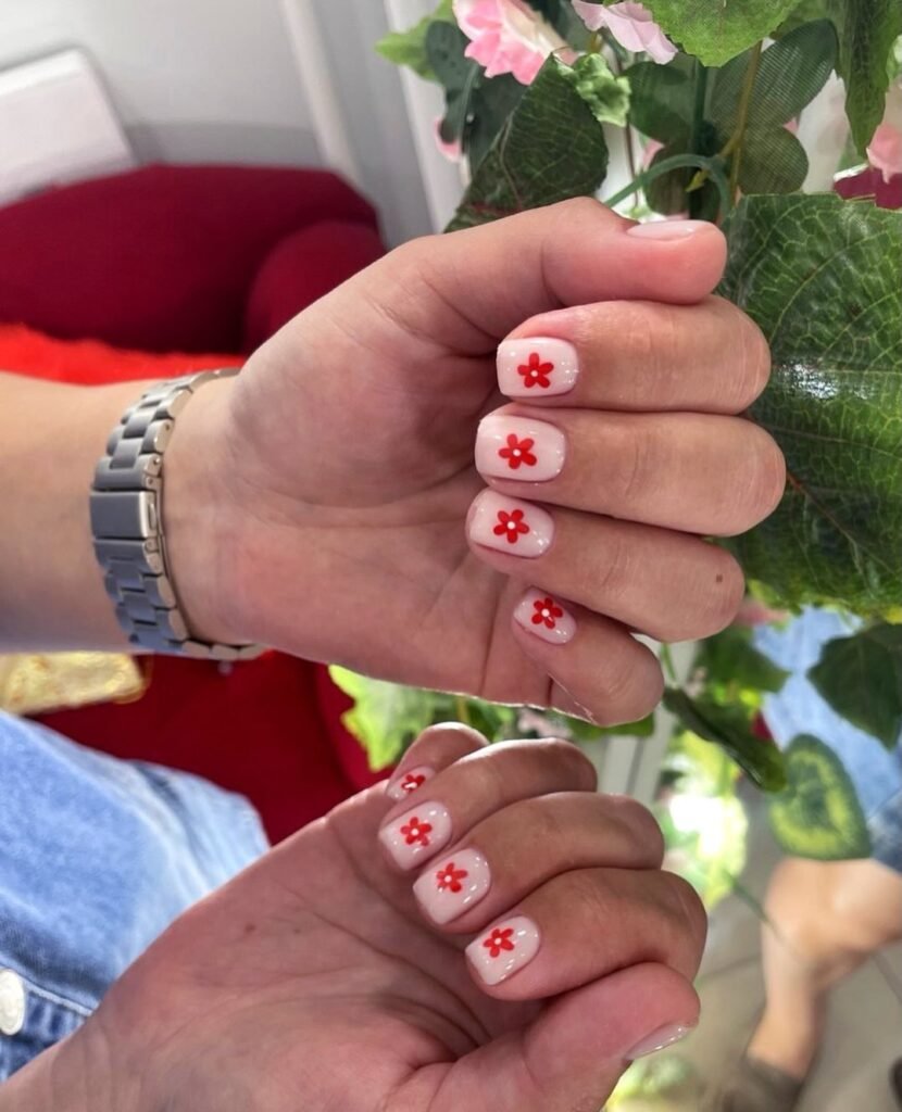  Short Blush Nails with Red Flower Art