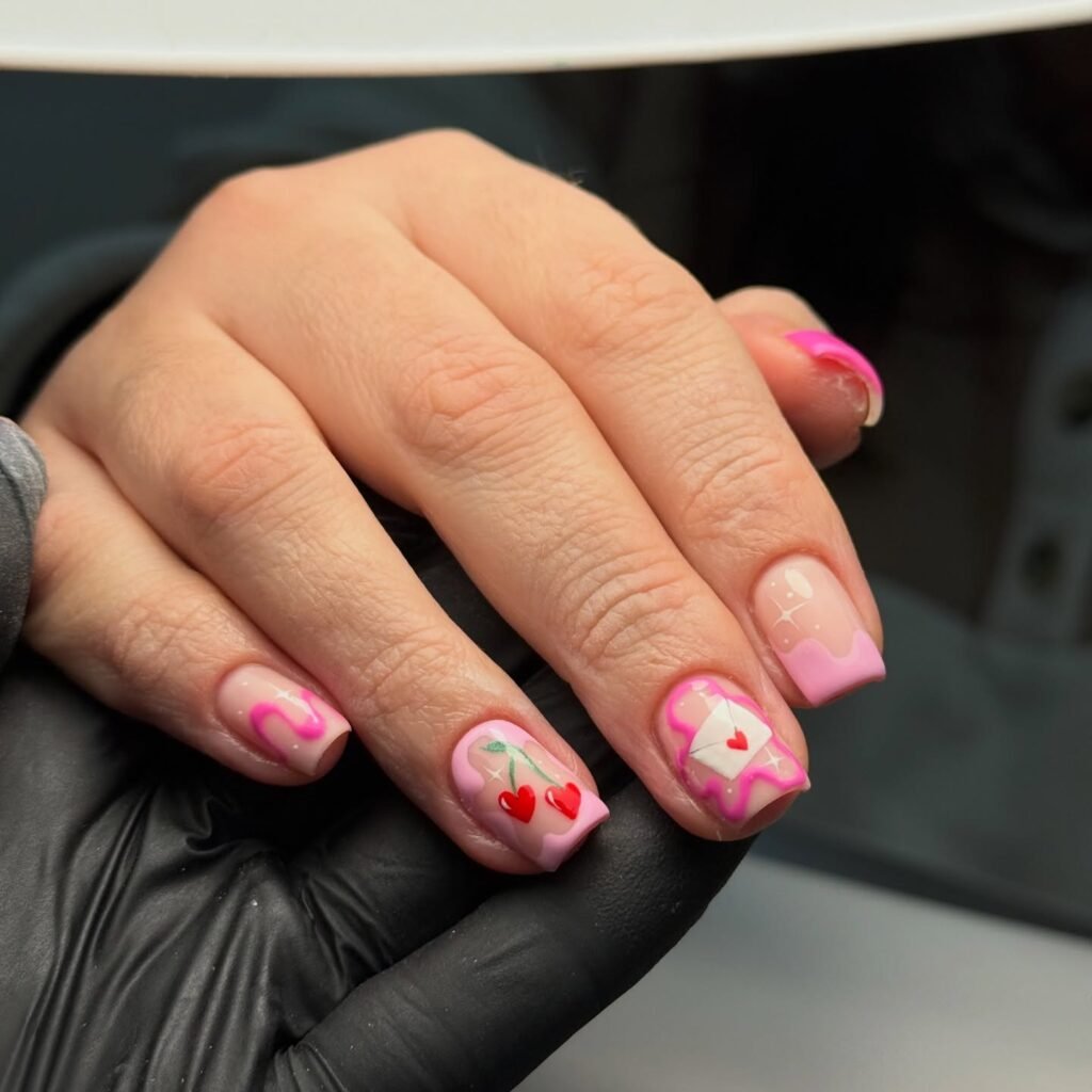 Short Pink Cherry Love Letter Nails