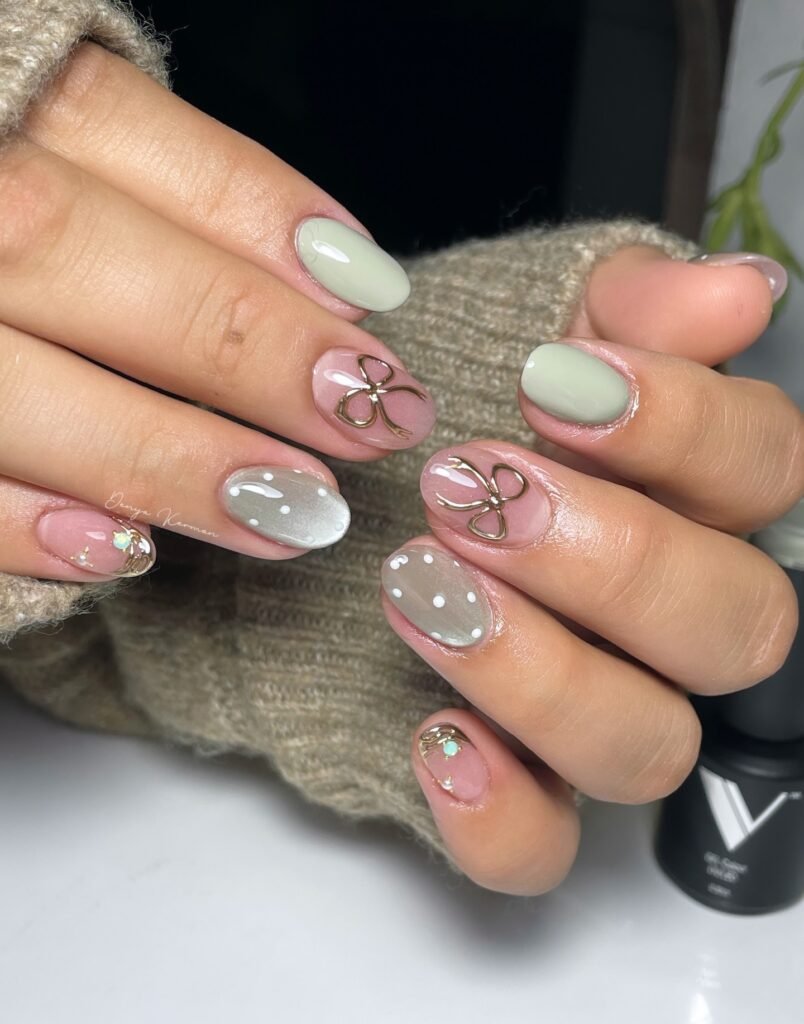 Short Sage Coquette Nails with Gold Bow Details