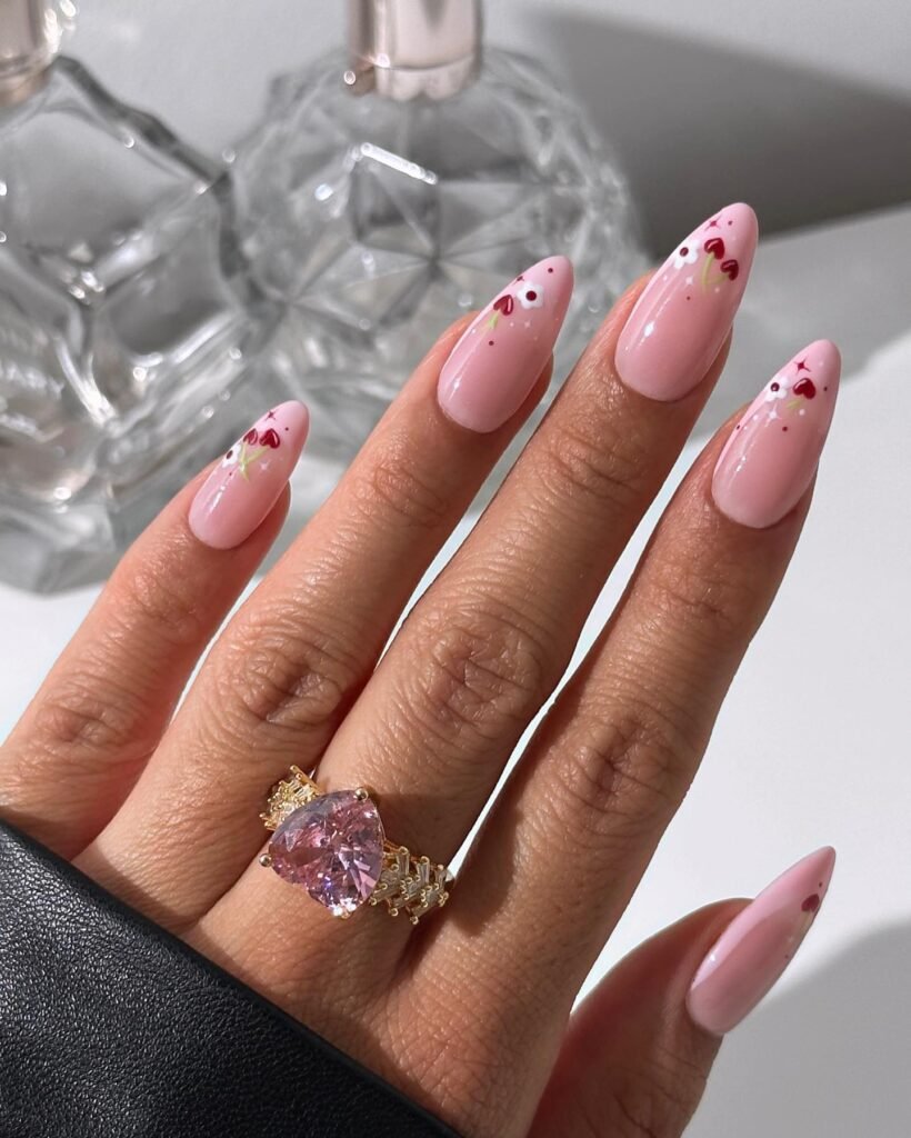 Soft Almond Cherry Floral Nails