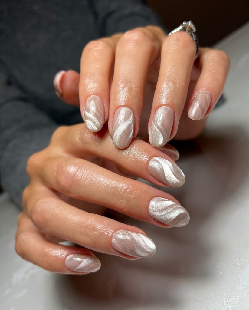 Soft Pearl White Swirl Nails