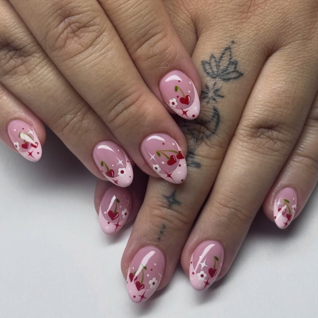 Soft Pink Cherry Floral Almond Nails
