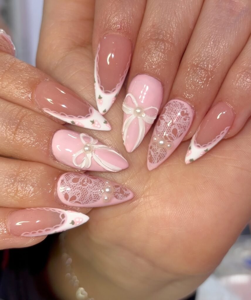 Soft Pink Lace Coquette Nails with Pearls