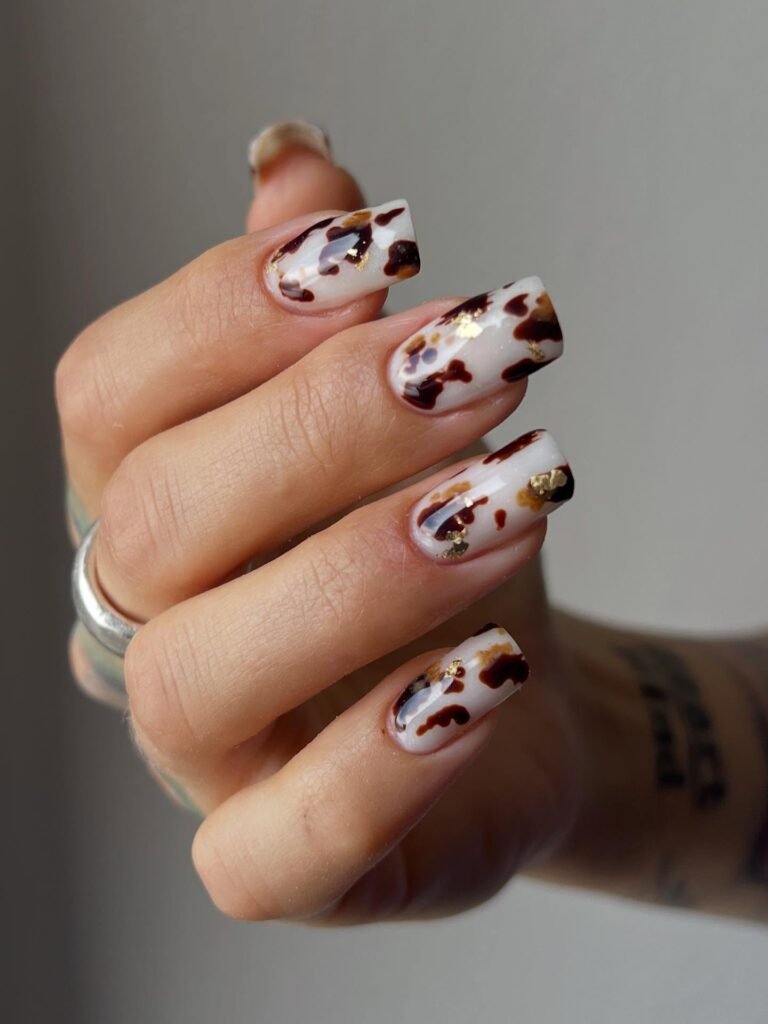 Square Cow Print Nails with Gold Foil Accents