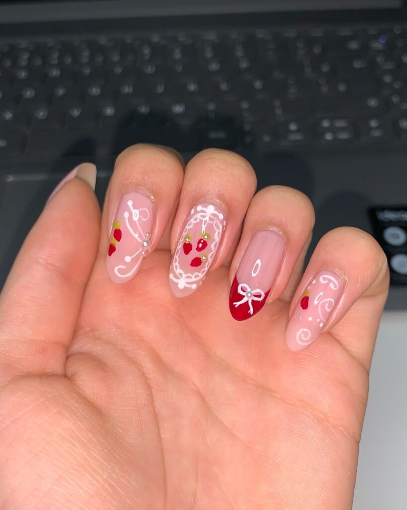 Strawberry Coquette Nails with Red Tips and Lace Details