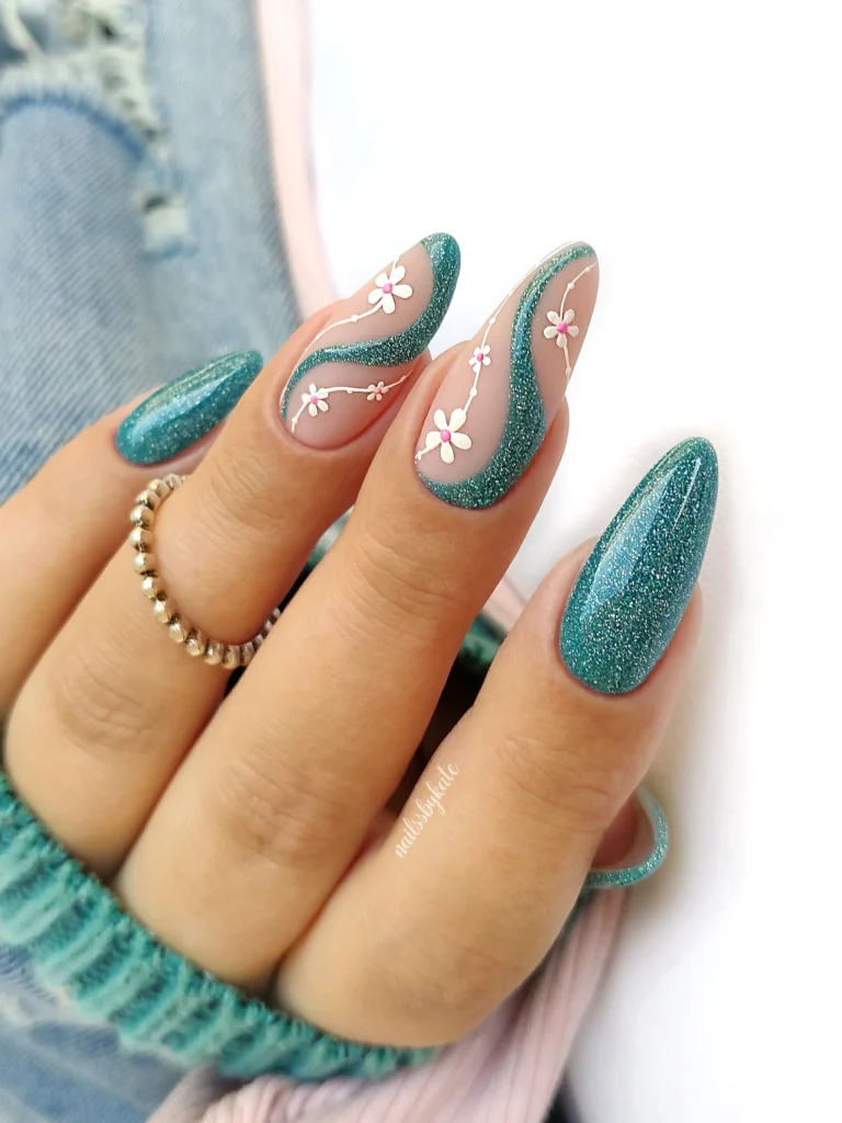 Teal Floral Swirl Nails