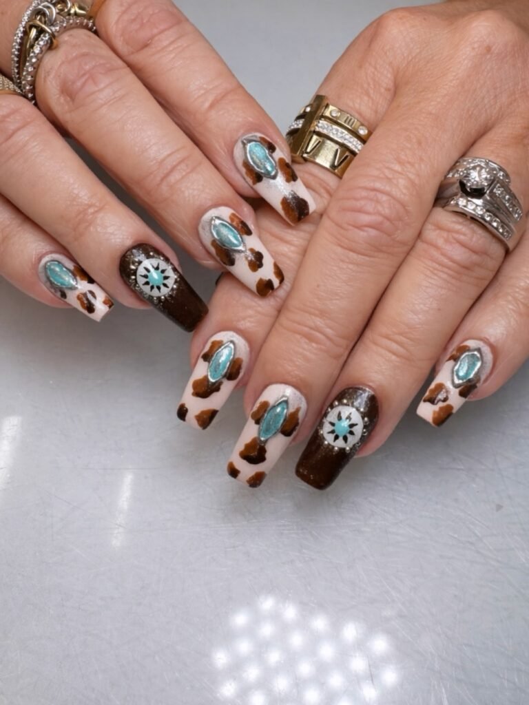 Turquoise Western Cow Print Nails with Concho Details