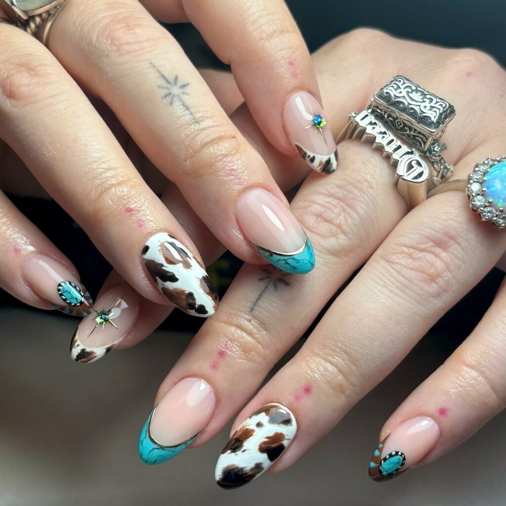 Turquoise Western Cow Print Nails with Gem Details