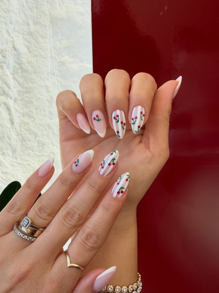 White French Cherry Stripe Nails