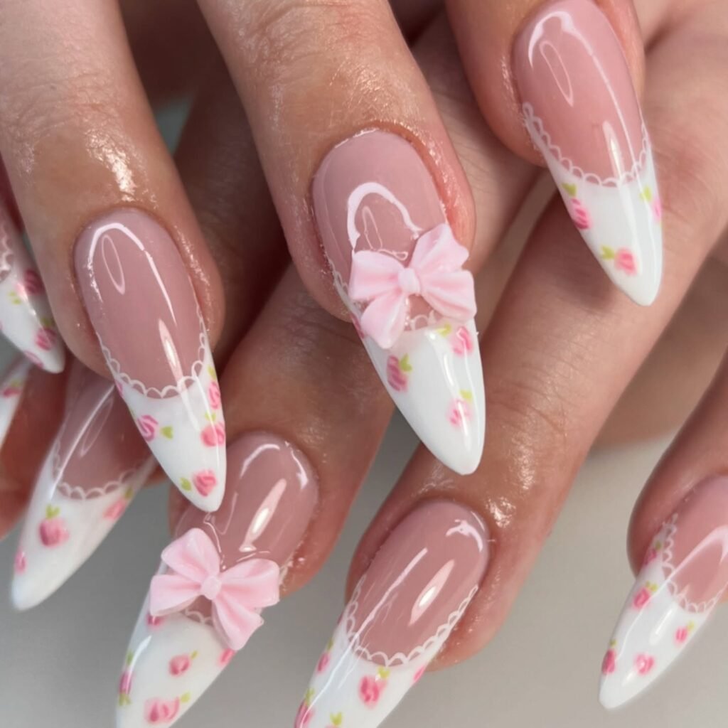 White French Coquette Nails with Pink Bows and Roses